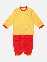 Load image into Gallery viewer, Campana Boys Ananda Dhoti Kurta Set - Leheriya Print - Yellow &amp; Red
