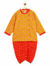 Load image into Gallery viewer, Campana Boys Ananda Dhoti Kurta Set - Wild Flower Motif - Mustard &amp; Red
