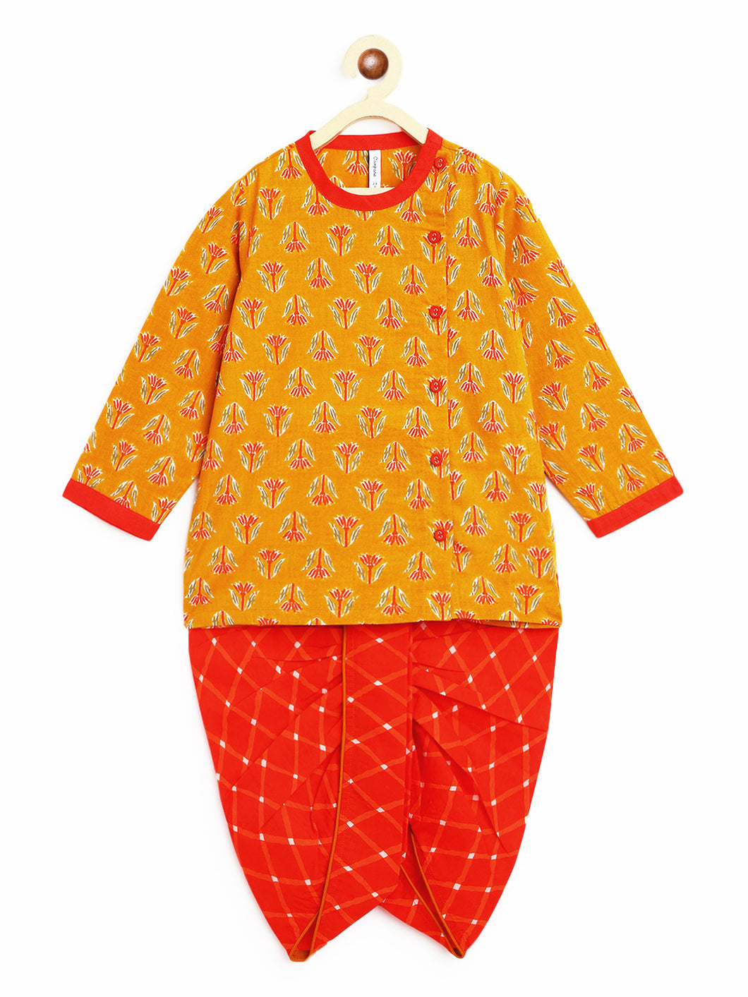 Campana Boys Ananda Dhoti Kurta Set - Wild Flower Motif - Mustard & Red