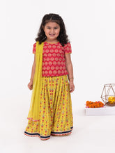 Load image into Gallery viewer, Campana Girls Bulbul Lehenga Set - Mughal Motif Print - Red and Lime Green
