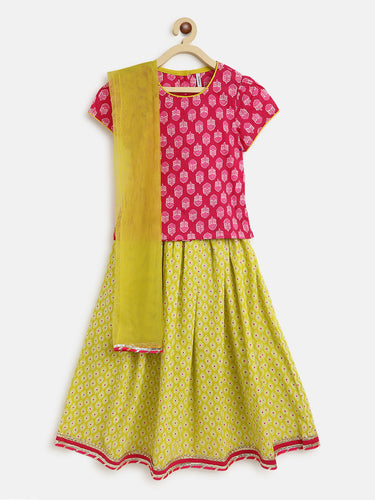 Campana Girls Bulbul Lehenga Set - Gainda Flower Print - Magenta and Lime