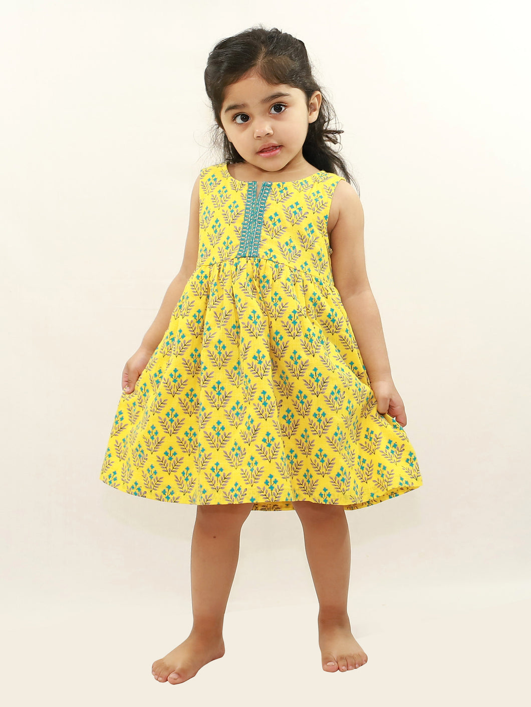 Campana Girls Chandni Lace Embellished Dress -  Flower Bouquet Print - Yellow & Blue