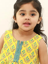 Load image into Gallery viewer, Campana Girls Chandni Lace Embellished Dress -  Flower Bouquet Print - Yellow &amp; Blue
