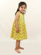 Load image into Gallery viewer, Campana Girls Chandni Lace Embellished Dress -  Flower Bouquet Print - Yellow &amp; Blue
