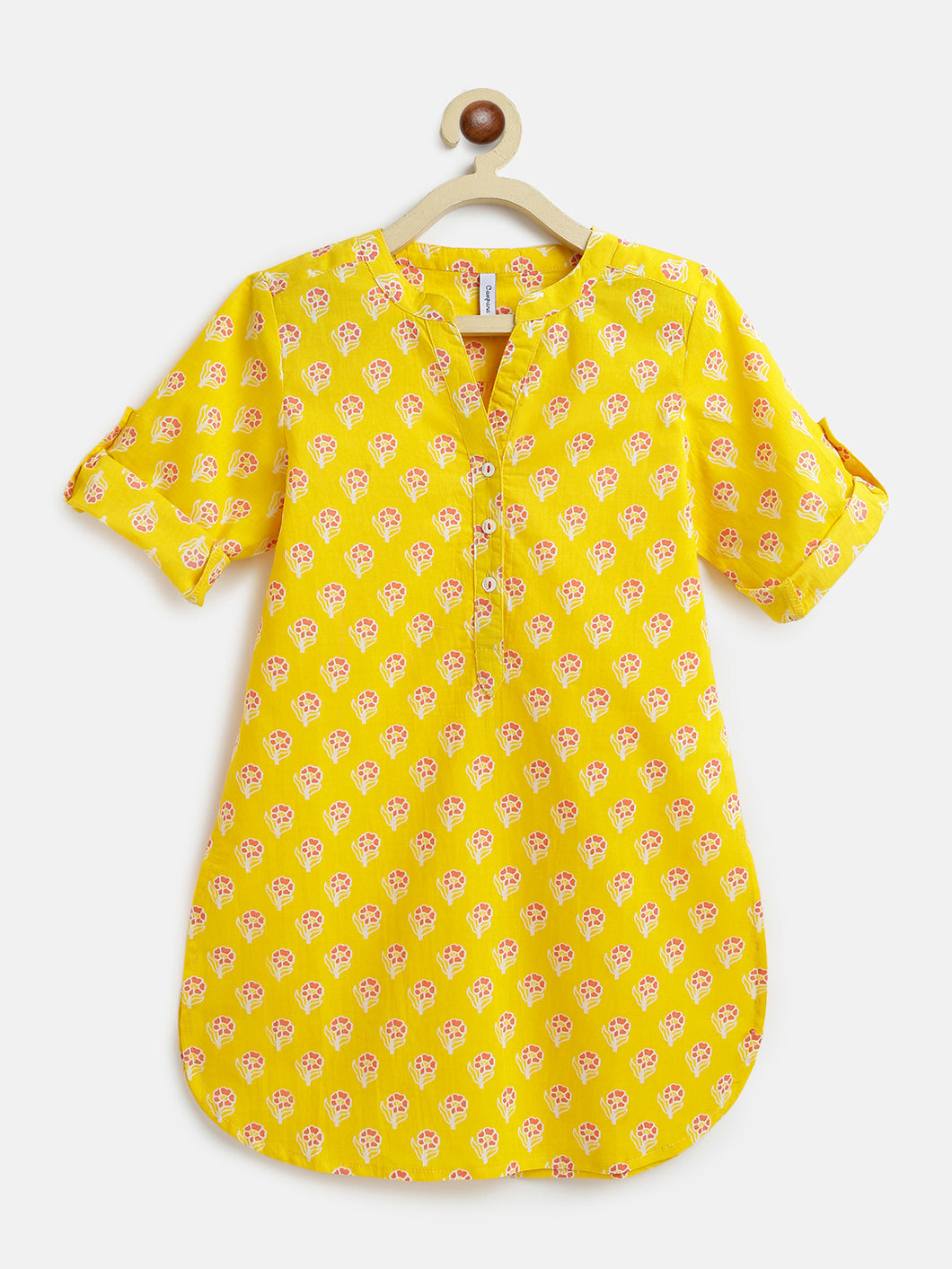 Campana Girls Urvashi Kurta - Small Flower Print - Yellow & Pink