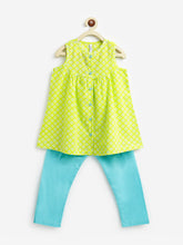 Load image into Gallery viewer, Campana Girls Revathi Kurta Pants Set - Small Petal Motif  - Lime &amp; Turquoise
