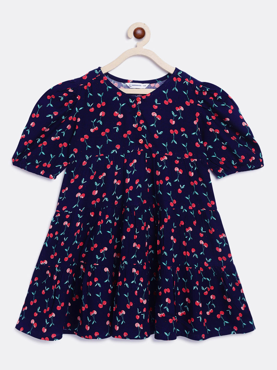 Campana Girls Naomi Short Sleeve Tiered Dress - Cherry Print - Navy & Red