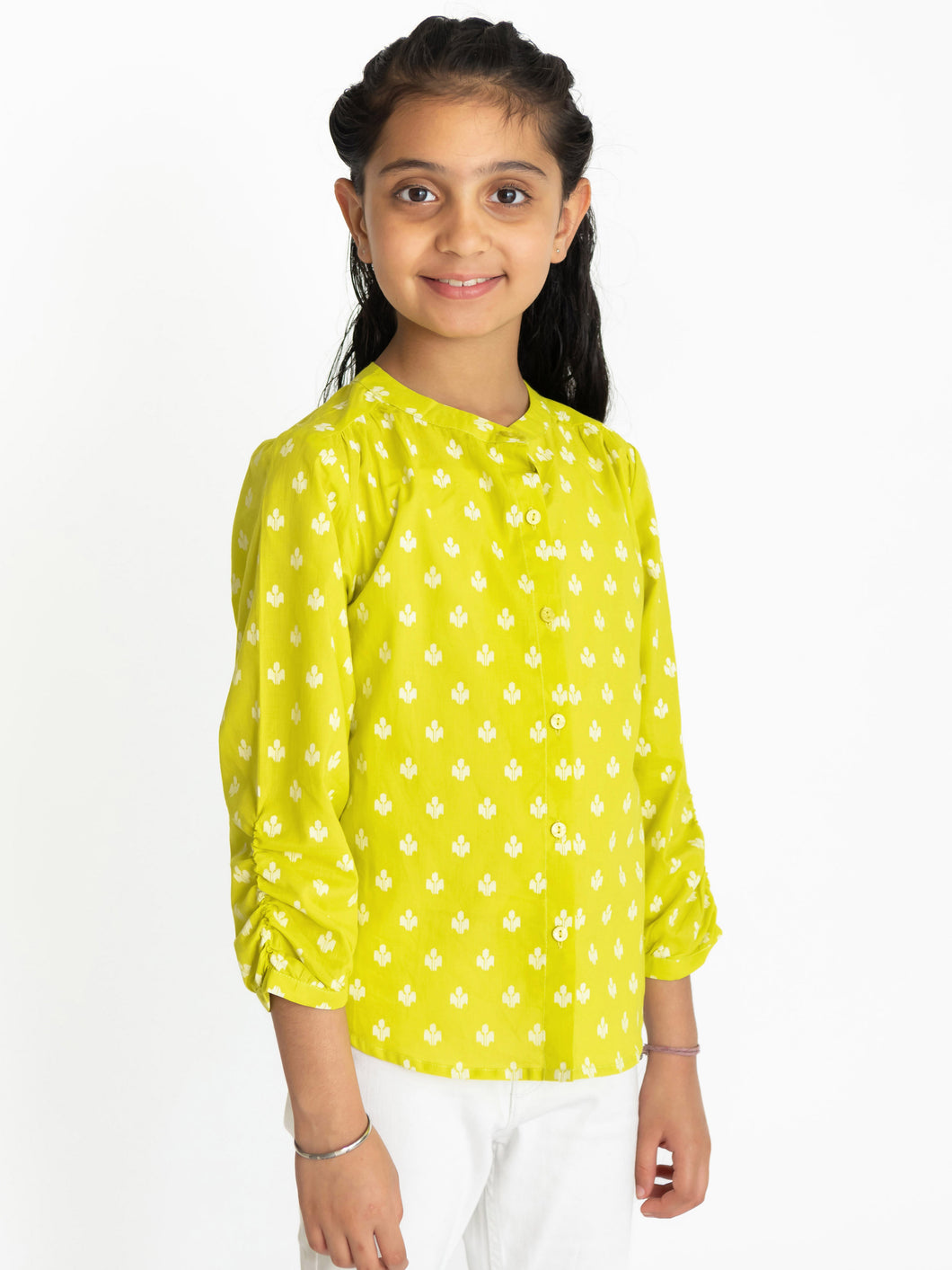 Campana Girls Anne Crinkle Sleeve Shirt - Khari Floret Print - Lime Green