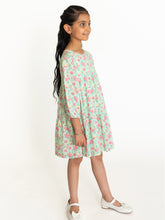 Load image into Gallery viewer, Campana Girls Zoya Flared Dress - Petit Flower Print - Sea Green &amp; Pink
