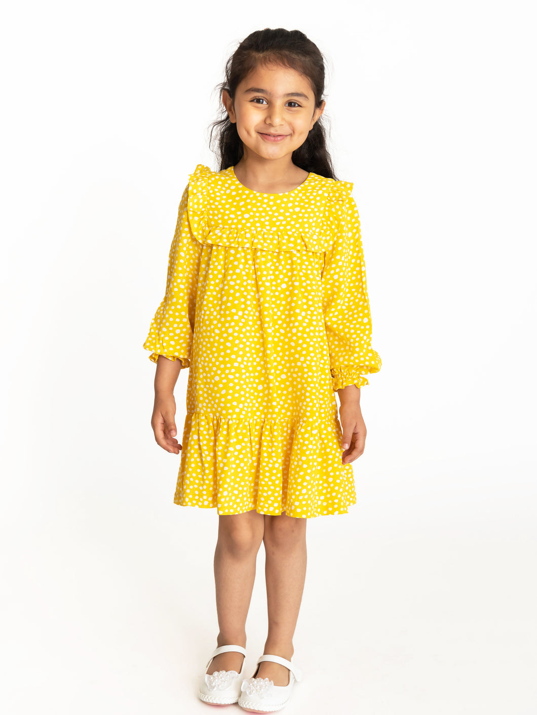 Campana Girls Rachel Frilled Yoke Dress - Wild Dots Print - Yellow