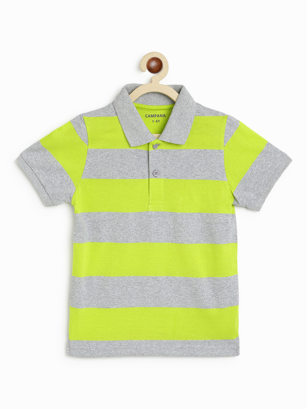 Campana Boys Pablo Short Sleeves Polo T-Shirt - Rugby Stripes - Lime Green & Grey Melange