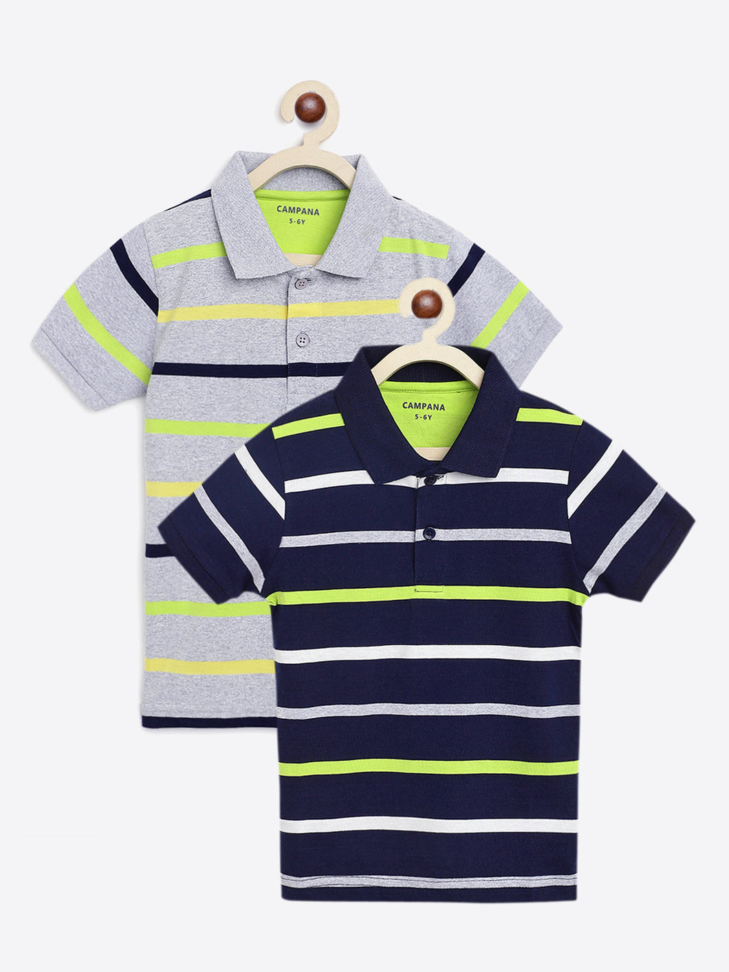 Campana Boys Pack of Two Pablo Striped Polo T-Shirt - Navy & Grey Melange