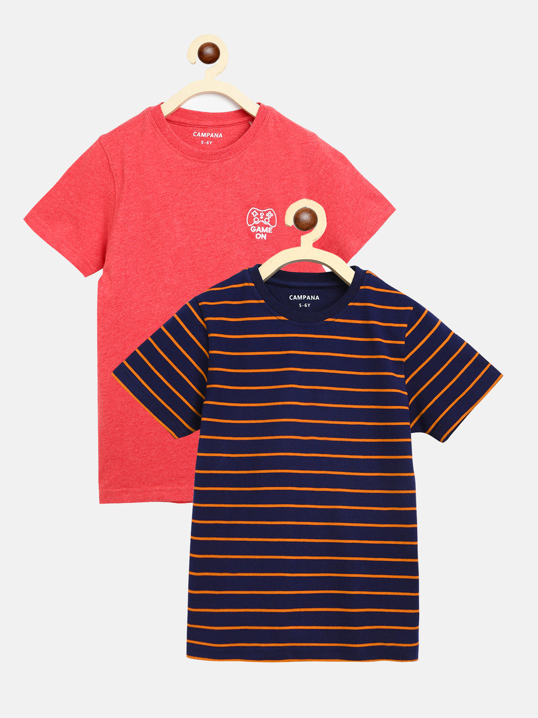 Campana Boys Jordan Pack of 2 Round Neck T-Shirts - Navy Stripe + Coral Red Mel