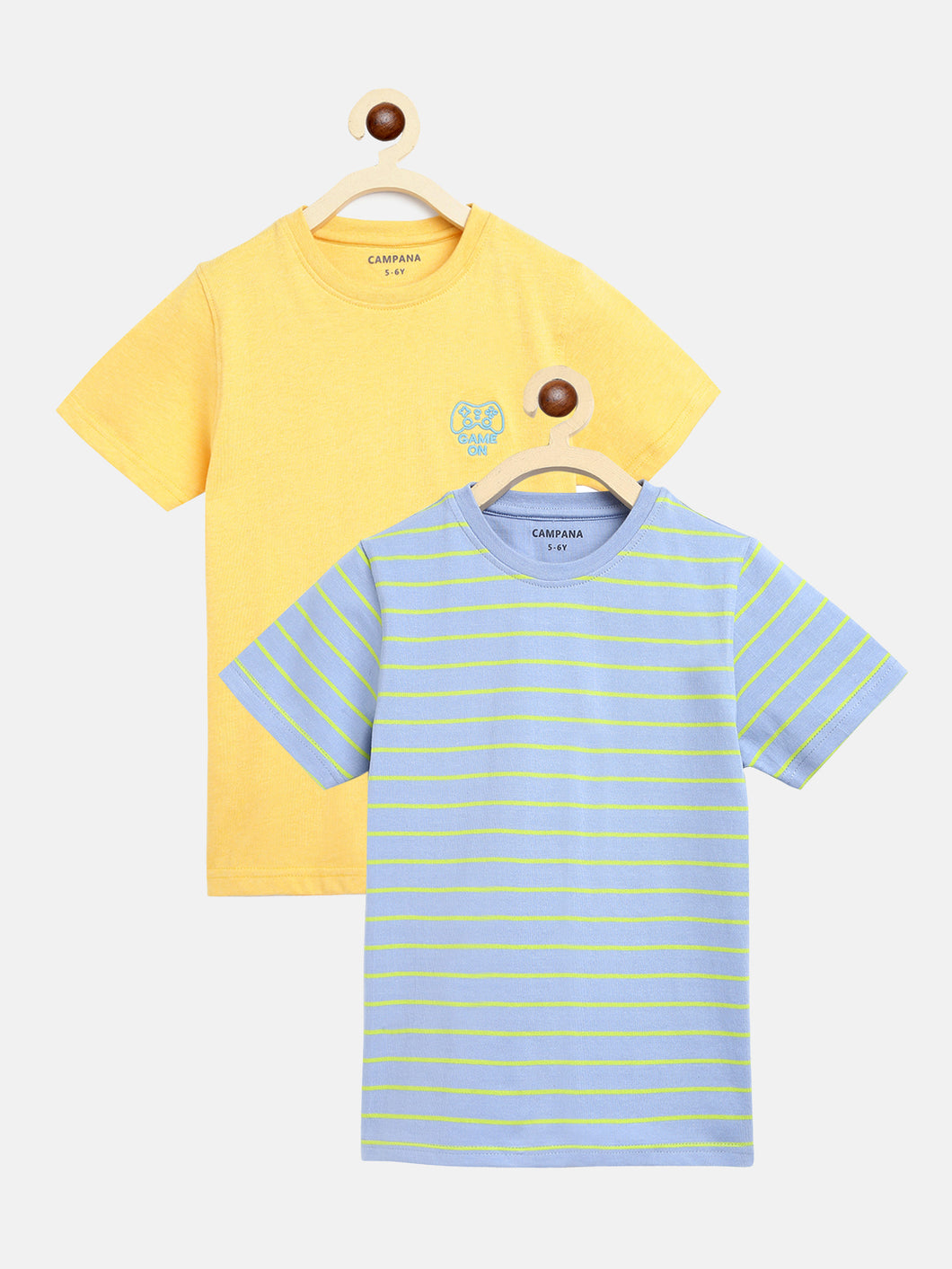 Campana Boys Jordan Pack of 2 Round Neck T-Shirts - Powder Blue Stripe + Lemon Yellow Mel