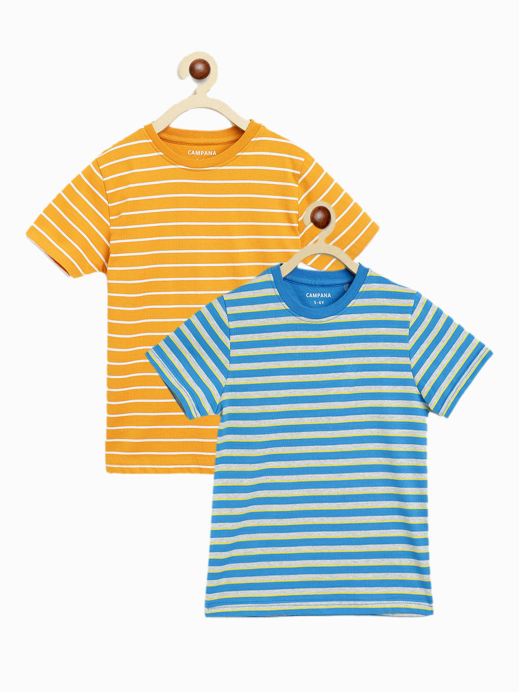 Campana Boys Pack of Two Kobe Striped Round Neck T-Shirts - French Blue and Tuscan Yellow