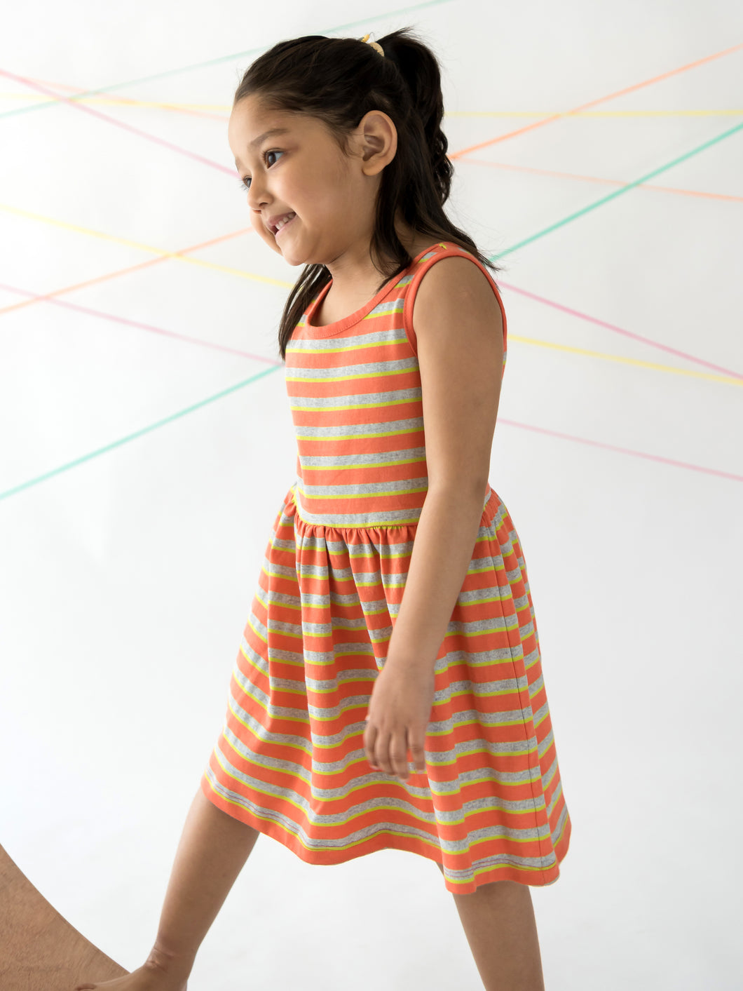 Campana Girls Grace Fit & Flare Dress - Variegated Stripes - Peach & Lime Green