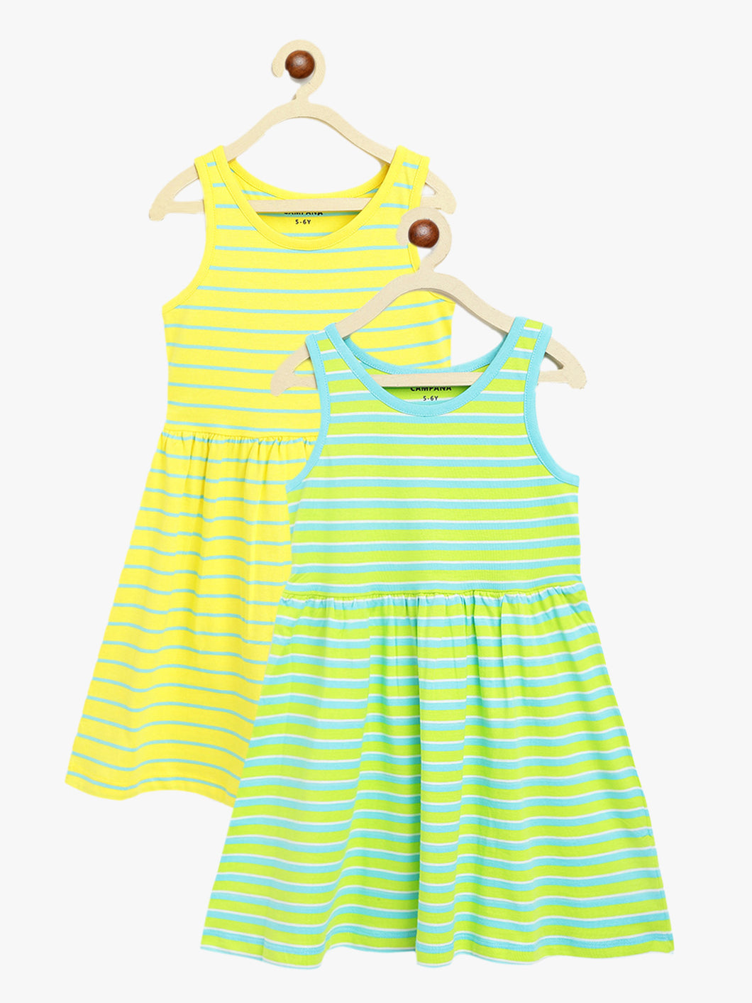 Campana Girls Pack of Two Grace Striped Fit & Flare Dress - Canary Yellow & Lime Green
