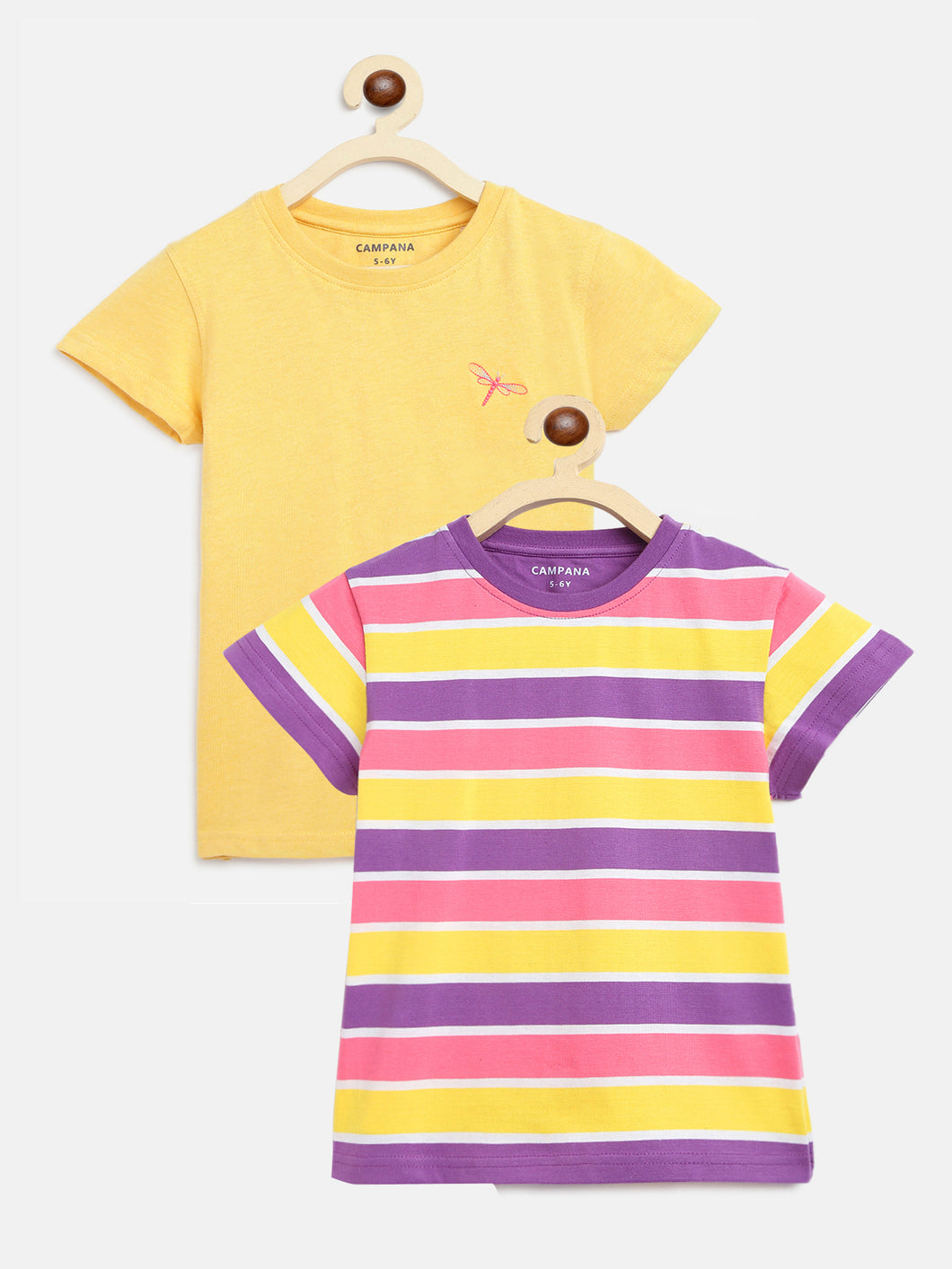 Campana Girls Steffi Pack of 2 Round Neck T-Shirts - Purple Multi Stripe + Yellow Mel
