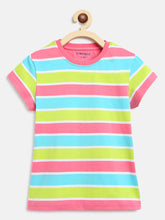 Load image into Gallery viewer, Campana Girls Steffi Pack of 2 Round Neck T-Shirts - Rose Pink Multi Stripe + Mint Green Mel
