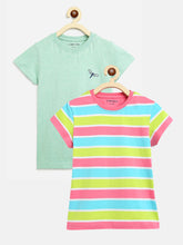 Load image into Gallery viewer, Campana Girls Steffi Pack of 2 Round Neck T-Shirts - Rose Pink Multi Stripe + Mint Green Mel
