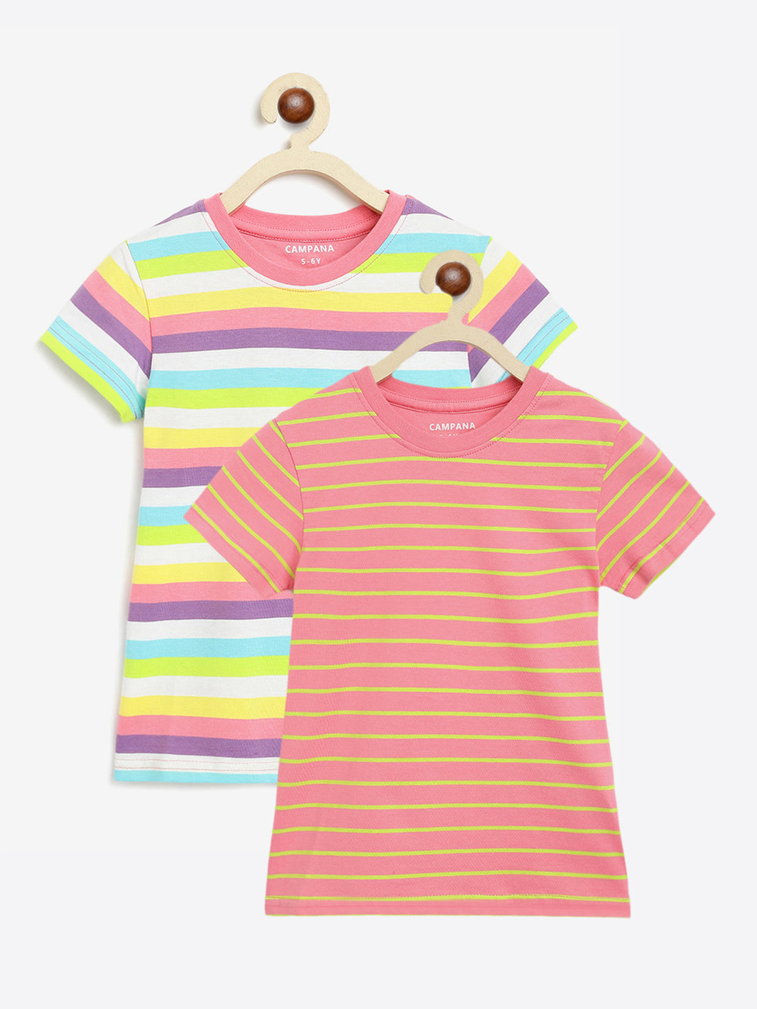 Campana Girls Pack of Two Alexis Striped Round Neck T-Shirt - Rose Pink & Multicoloured