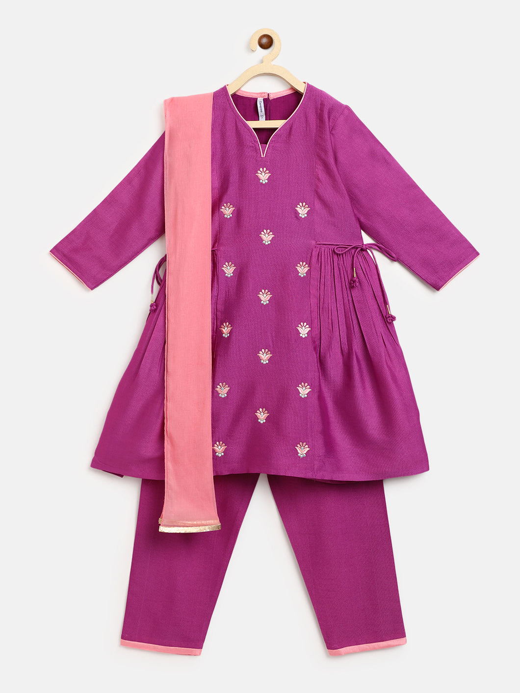 Campana Girls Bhoomi Kurta Pants Set - Embroidered Silk - Purple & Pink