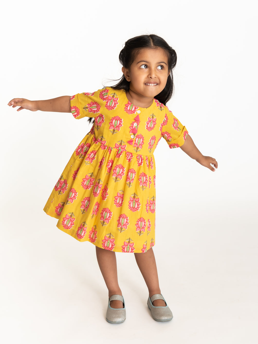 Campana Girls Zoe Dress - Big Lotus Print - Yellow & Pink